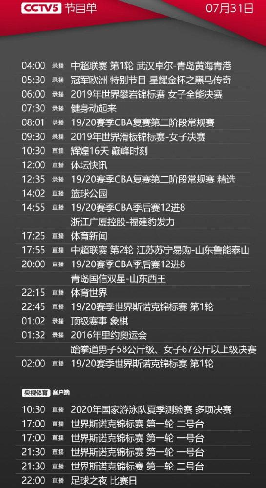 中央CCTV5今日节目直播表概览